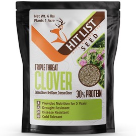 HIT LIST SEED® Triple Threat Clover Food Plot Seeds for Deer [Perennial] - Deer Food Plot Seed Perennial - Deer Plot Seed Mix - Ladino/Red/Crimson Clover - Spring, Summer & Fall Planting - 6 lbs