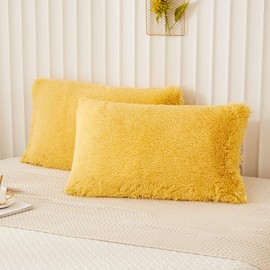Memfydu Faux Fur Fluffy Pillowcases, Yellow Plush Shaggy Velvet King Size Pillow Cover Set of 2, Zipper Closure (20"x36", Yellow)