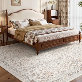 MontVoo-Vintage Area Rug 8X10 Beige for Living Room - Soft Distressed Printed Carpet for Bedroom - Non Slip, Machine Washable for Dining Room, Bedside, Office