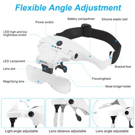 Cuteefun Lupe mit Licht, Wiederaufladbare Lupenbrille mit 4 Led, 2 Helligkeitsstufen, 5 Linsen 1X Bis 3,5X, Veinstellbarer Linsenwinkel, 10 Pinzetten, Vergrößerungsbrille für Reparatur, Handwerk