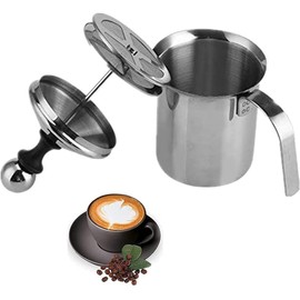 Schaumbereiter, Edelstahl-manueller Milchaufschäumer, manuell betriebener Milchschaum-Maker, mit doppeltem Schaumbildschirm, für Cappuccino Kaffee Latte heiße Schokolade (400ML)
