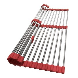 Total Rack, Expands 10" to 21", 10-Inch-Wide Multipurpose Over-Sink Dish-Drying Rack, Oven-Safe, Cooling, Crisping, Roasting, Trivet, and Serving, Nonslip Silicone and Stainless-Steel Rack, Red