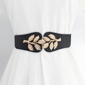 Chaungfu Skinny Belts for Women ,golden leaves Belts Fashion Dress Belts Stretch Women Waist Belts Plus Size Elastic Waist Band for Dresses.(Black) 65x4cm