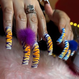 Threelegscat Long Press on Nails Square Fake Nails Curved Nails Extra Long Nails Press Ons Ombre Glue on Nails with Tiger Stripes Designs