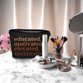 Nogrit African American Gifts,Black Women Gifts,Black Women Makeup Bag Cosmetic Bag,Educated Motivated Elevated Melanated Melanin Makeup Travel Toiletry Bag,gifts for African American women/black