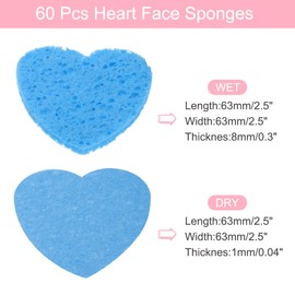 QUARKZMAN Pack of 60 Compressed Face Sponges Heart-Shaped Facial Cleansing Sponges Pads for Daily Skin Care Routines at Home, Kitchen, Travel, Blue