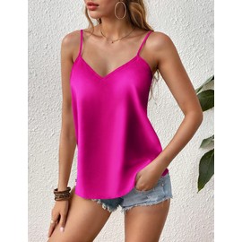 Ekouaer Womens Silk Satin Tank Tops V Neck Cami Adjustable Spaghetti Strap Camisole Summer Basic Tank Shirt Hot Pink M
