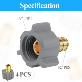 WiseWater 1/2“ PEX Faucet Connector, 4 PCS 1/2” PEX Barb x 1/2” FNPT Swivel Adapter RV Pex Fittings, Pex Fittings 1/2 Inch Brass Faucet PEX Connector with Stainless Steel Clamp and Copper Crimp Rings