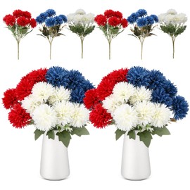 Thiccywoov 6 Pcs 4th of July Artificial Chrysanthemums Flowers Red White Blue Patriotic Flowers Decor Independence Day Fake Silk Mums Blossom with 6 Heads for Home Memorial Day Table Centerpiece