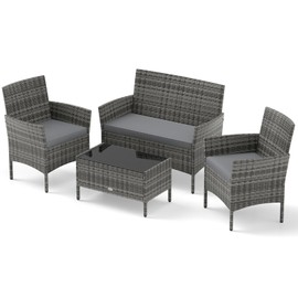 RELAX4LIFE 4-Piece Patio Furniture Set - Rattan Outdoor Conversation Bistro Set w/Cushions, Glass Coffee Table, Wicker Chairs & Loveseat for Garden Backyard Porch, Balcony Furniture Set (1, Mix Grey)