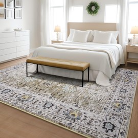 6x9 Washable Area Rug Taupe Living Room Non Slip Chenille Floral Vintage Bedroom Carpet Stain Resistant Indoor Low-Pile Soft Patterned Printed Dinning Room