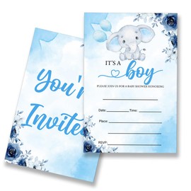 EUDOSI Boy Baby Shower Invitations Supplies Fill-In Set of 20 with Envelopes Blue Elephant Baby Shower Party Invites Cards, Double Sided