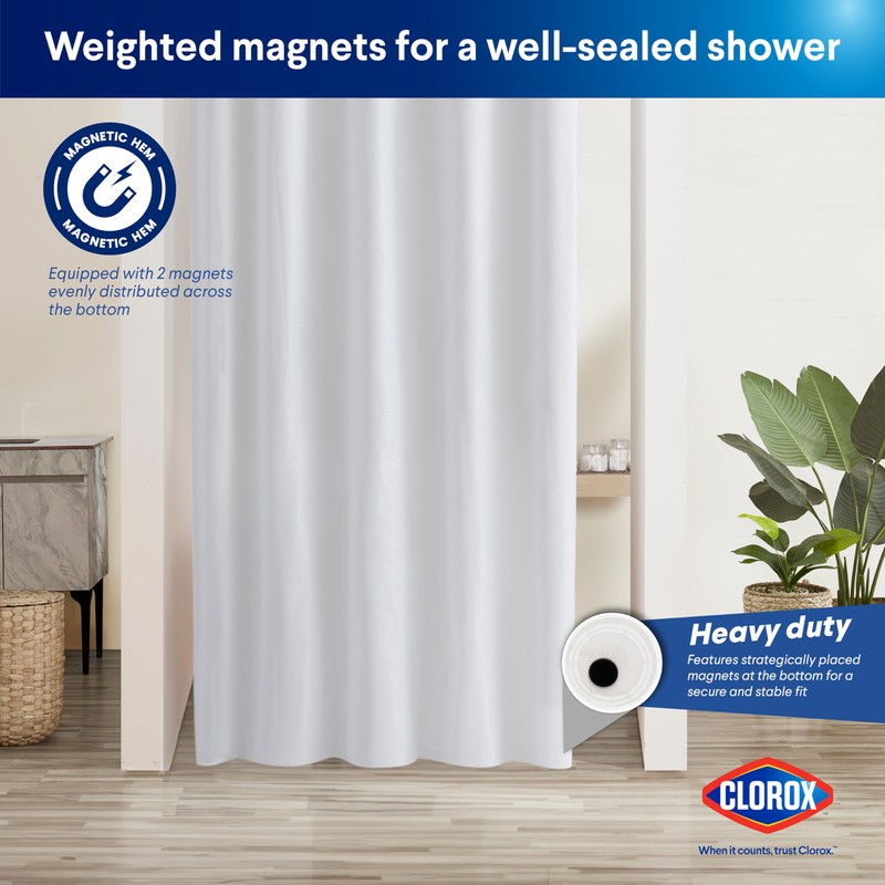 CLOROX 2-in-1 Bathroom Shower Curtain Liner, Durable Fabric, Weighted Magnets