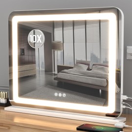 AJJSSA Vanity Mirror with Lights, 23"x 18" Large LED Lighted Mirror with Detachable 10X Magnification & 3 Colors Modes, and USB Charging Port for Vanity Desk Tabletop (White, 23 * 18)