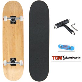 TGM Skateboard Complete - Premium 7-Ply Maple Construction - Natural 8.25" - Fully Assembled Skateboard with Skate T-Tool and Stickers