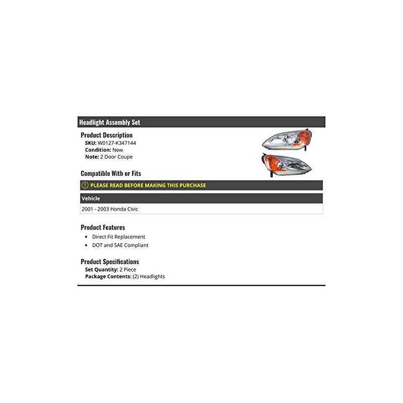 Headlight Assembly - Set of 2 - Compatible with 2001-2003