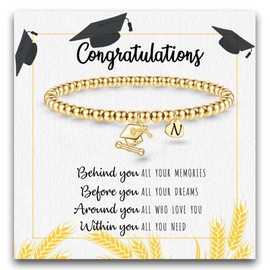 High School Graduation Gifts, College Graduation Gifts for Her Gold Bracelets for Women Non Tarnish with Initial N Graduation Gifts for Daughter Gold Beaded Bracelets for Women Female Classmates