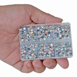 LPBeads 6400 Pieces Hotfix Rhinestones Crystal AB Flat Back 5 Mixed Sizes Crystal Round Glass Gems with Tweezers and Picking Rhinestones Pen