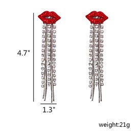 QTMY Sparkling Diamond Red Lips Rhinestone Tassels Earrings Jewelry for Women