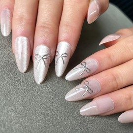 【NEW ARRIVALS!】 Press on Nails French Tip Bling Coffin Short Almond Fake Nails with Designs Glue on Nails Long Glossy Gradient Medium False Nails Reusable Full Cover Thick Nail Acrylic Stick on Nails for Women Girls 24 Pcs:_106