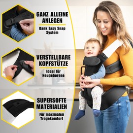KIDDY KINGDOM Ergonomische Babytrage Neugeborene ab Geburt - 3 in 1 Multifunktionale Kindertrage von 0-36 Monaten - Baby Trage mit 3D SOFT MESH - Baumwolle - Baby Tragegurt Baby Tragetasche schwarz
