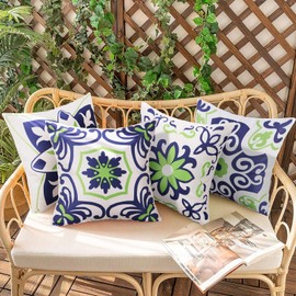 Pyonic Set of 4 Outdoor Pillow Covers 20x20 Waterproof Decorative Throw Pillow Covers Floral Printed Farmhouse Boho Pillowcase for Patio Funiture Garden Navy Blue