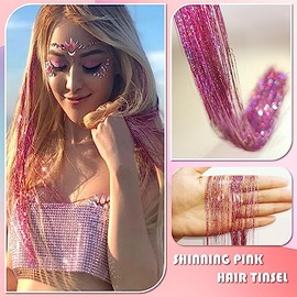 Pink Fairy Hair Tinsel Kit 48 Inches 1200 Strands with Tools and Instruction Easy to Install Glitter Tinsel Hair Extensions for Women and Girls，Shinny