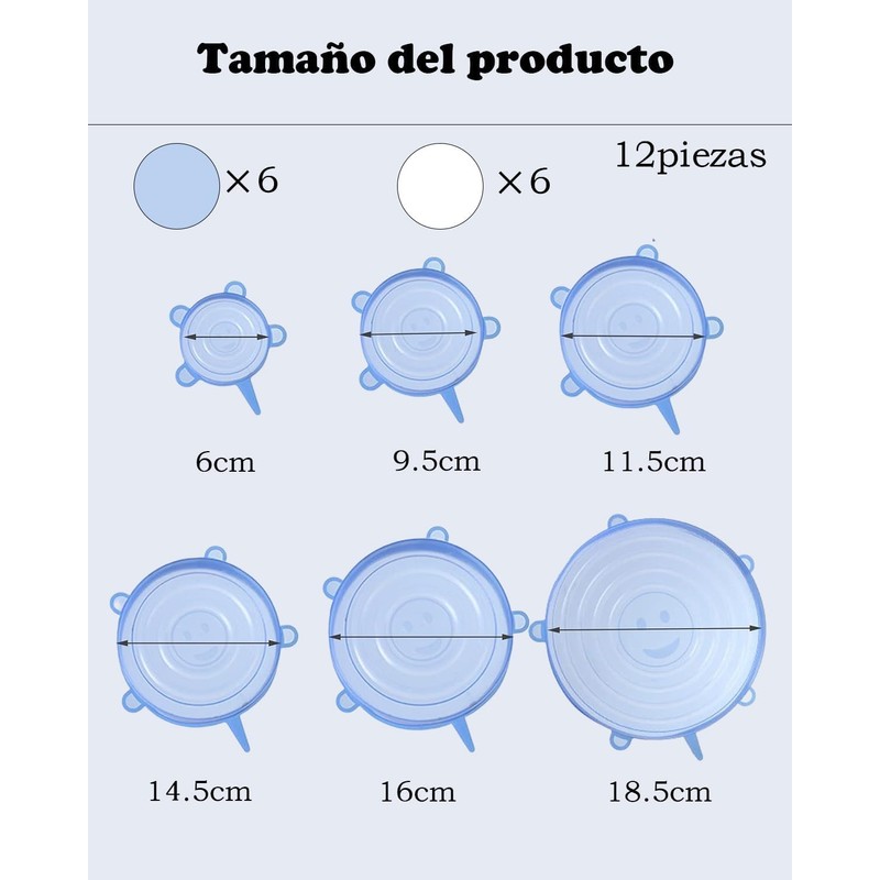 12 Tapas de Silicona Elásticas Reutilizables, Cubiertas de Silicona para