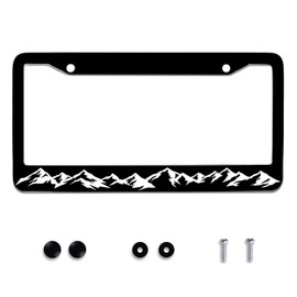 Mountain License Plate Frame Mountains Scenery Stainless Steel License Plate Frame Black White Rust-Proof Auto Parts Decoration with Screws License Plate Cover for Men Women Youth 12x6 Inch