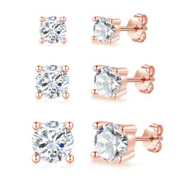 Loutade Rose Gold Stud Earrings for Women, 3 Pairs 925 Sterling Silver Cubic Zircon Studs Earrings Set for Multiple Piercings, 4/5/6mm Small Sleeper Cartilage Ear Studs Jewelry Gifts for Men Girls