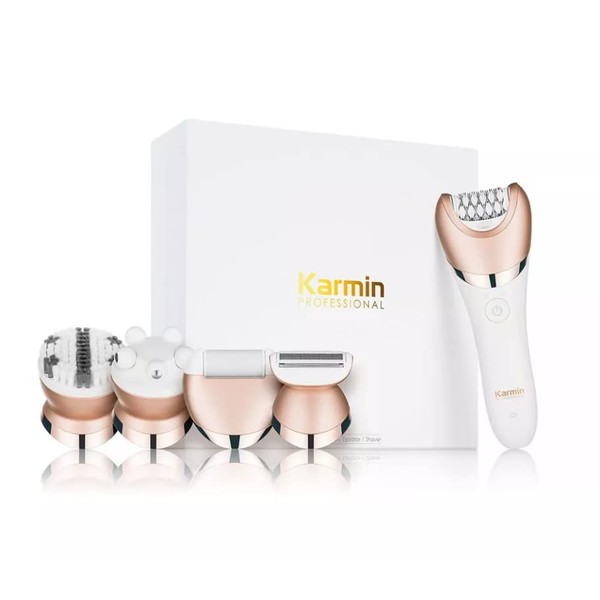 Karmin 5 in1 Wet Dry Epilator for Women Hair Removal, Cordless Electric Shaver, Trimmer, Facial, Body, Arm, Leg Hair Remover, USB Rechargeable, Waterproof, Shave, Exfoliate, Smooth, Buff, Massage