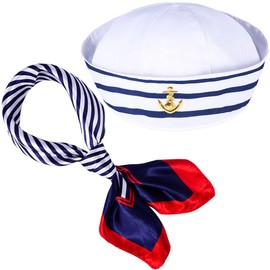 2 PCS Yacht Captain Hat Sailor Ship Cap Scarf Sunglasses Sailor Hat Boat Dressing up Accessory for Costume Party Women Men White