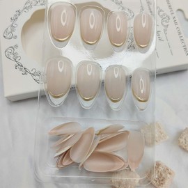 24Pcs Almond Press on Nails Short White French Tip Fake Nails with 3D Chrome Gold Line Design French Glue on Nails Glossy Full Cover Almond Shape Acrylic Nails Pink False Nails for Women Girl Manicure