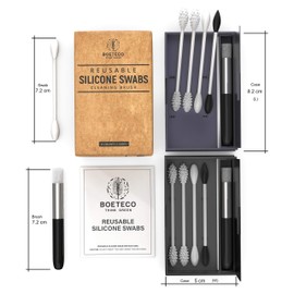 BOETECO Reusable qtip Ear Swab and Makeup Swabs Kit. 2 Cases with 8 Reusable Silicone Cotton Swabs for Ears, Baby, Beauty (8Swabs 2Cases, Black & Grey)