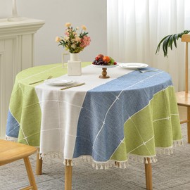 Lattice Embroidery Round Tablecloth with Tassel, Heavy Duty Cotton Linen Fabric Wrinkle Resistant Table Cloth Cover for Kitchen Dining Party Decoration, Round 70 Inch, Green/Blue
