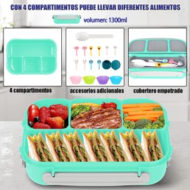 Bento Box, Fiambrera Lonchera para Adultos Niñas y Niño, Caja de Almuerzo de Estudiante, 1300 ml-4 Compartimentos, con Púas de Alimentos,Tazas para Tartas (VERDE)