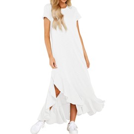 R.Vivimos Womens Summer Cotton Short Sleeves Casual Split Beach T Shirt Maxi Dress with Pockets (Small, White)