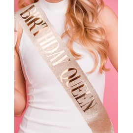Shimmer Anna Shine "Birthday Queen" Sash, Glitter Rose Gold Birthday Party Decor