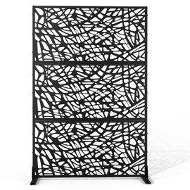 Metal Privacy Screen Outdoor 72" H×47" W,Freestanding Decorative Privacy Screen for Balcony Yard&Garden,Privacy Fence-Black&Net