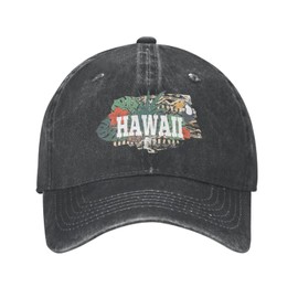 VunKo Funny Hawaii Black Vintage Distressed Adjustable Washed Denim Cotton Low Profile Mens Dad Trucker Hat Black Fitted Baseball Ball Cap for Men Unisex Headwear