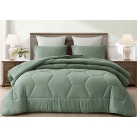 Chezmoi Collection Vero Sage Green Comforter Set Queen Size 3-Piece Fluffy Soft Lightweight Bedding Honeycomb Geometric Stone-Washed Microfiber Comforter Set for All Season