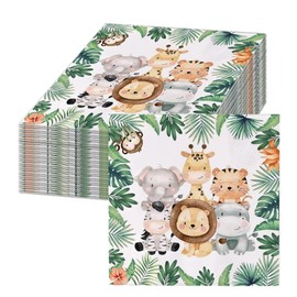 Pack of 40 Napkins Children's Birthday Party Jungle Party Motif Animals, Leaves, Green for Forest Animals Birthday and Napkins Animals 33 x 33 cm Boys Table Decoration