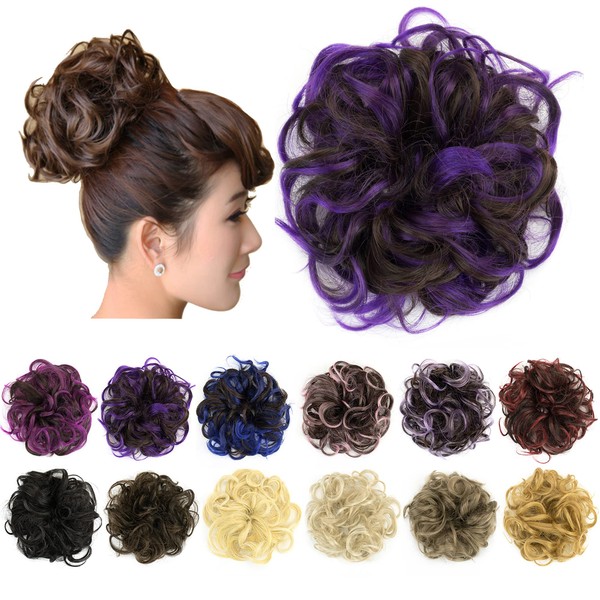 IMISSU 2 pieces Messy Bun Hairpiece Updo Fake Hair Bobbles Ponytail Extension Wavy Curly Hairpieces Chignon Headband (2 pieces Brown Purple)