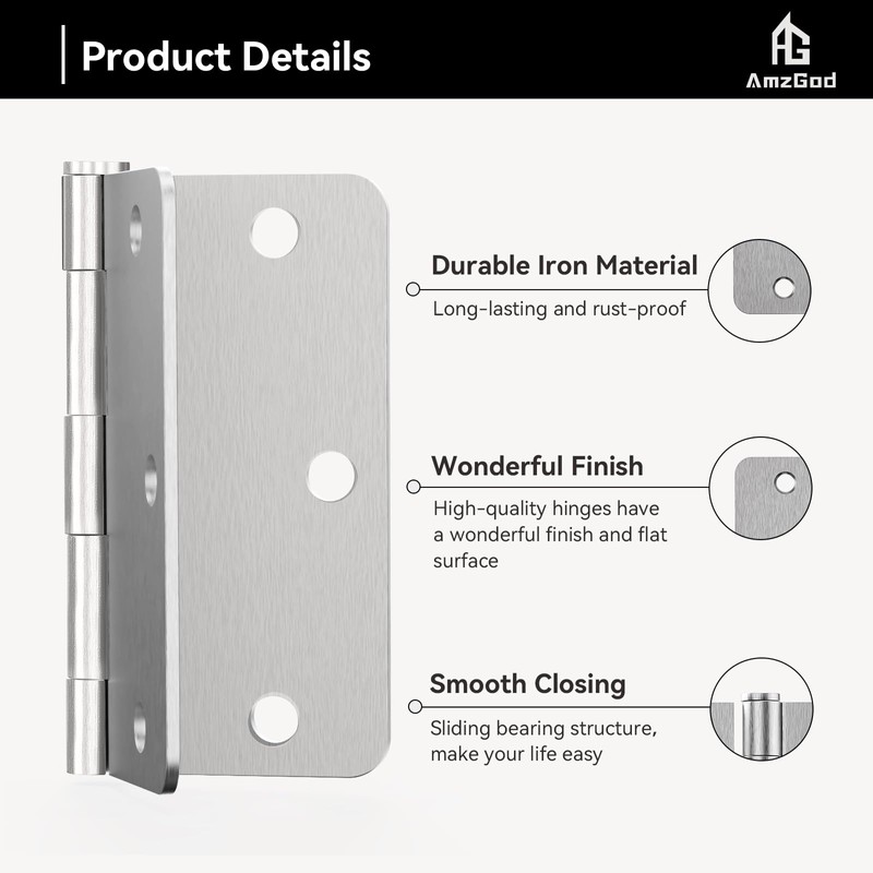AmzGod Door Hinges Brushed Nickel - 3 Pack 3.5 Inch