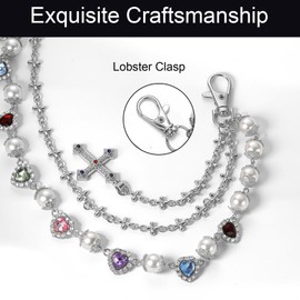 Y2K Pearl Pants Chain for Men and Women – Layered Wallet Chain with Flower Beads or Heart Cross Pendant, Punk Aesthetic Jeans Keychain Accessory (Heart & Cross Pendant Chain Silver)