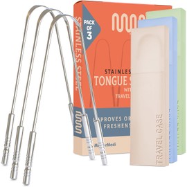MasterMedi Rascador de lengua con estuche de viaje, paquete de 3, combate el mal aliento, acero inoxidable de grado médico, limpiador de lengua para adultos y niños, fácil de usar con mango no sintético