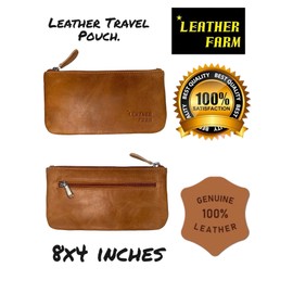 LEATHER FARM Leather Travel Pouch - Beautifully Handcrafted YKK Zippered Pouch Handmade - 8 x 4 inches.(TAN CRUNCH)