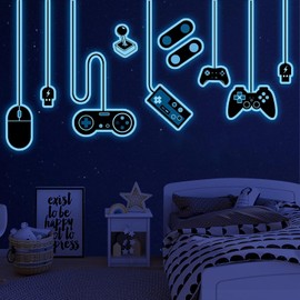 Gaming Wall Decals Glow in The Dark Wall Decals Video Game Wall Stickers Removable Gaming Room Wall Decor Peel and Stick for Boys Kids Bedroom Playroom Blue