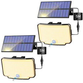 Peasur 2 Pack Solar Motion Lights Outdoor, 318 LED Solar Security Light with 3 Modes, IP65 Waterproof Powered Flood Lights for Outside Garden Patio Garage Yard Backyard Warm White