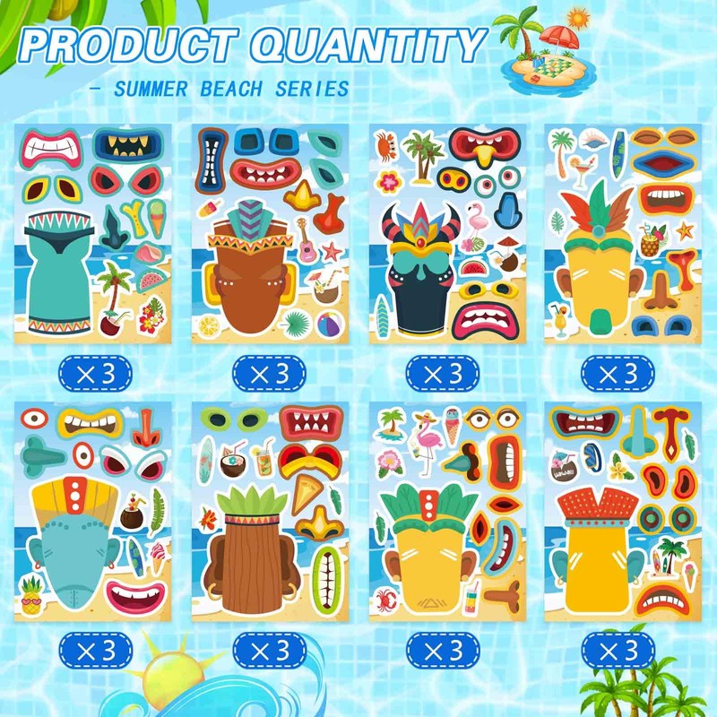 24 Sheets Tiki Make a Face Stickers, Tropical Hawaiian Stickers